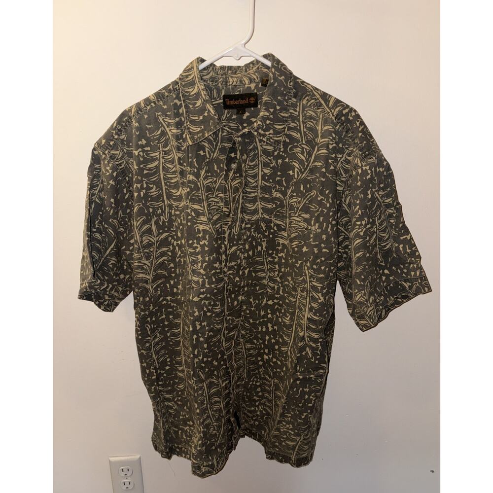 Timberland Men’s Large Button Up Shirt Nature Pattern Short Sleeve 100% Cotton